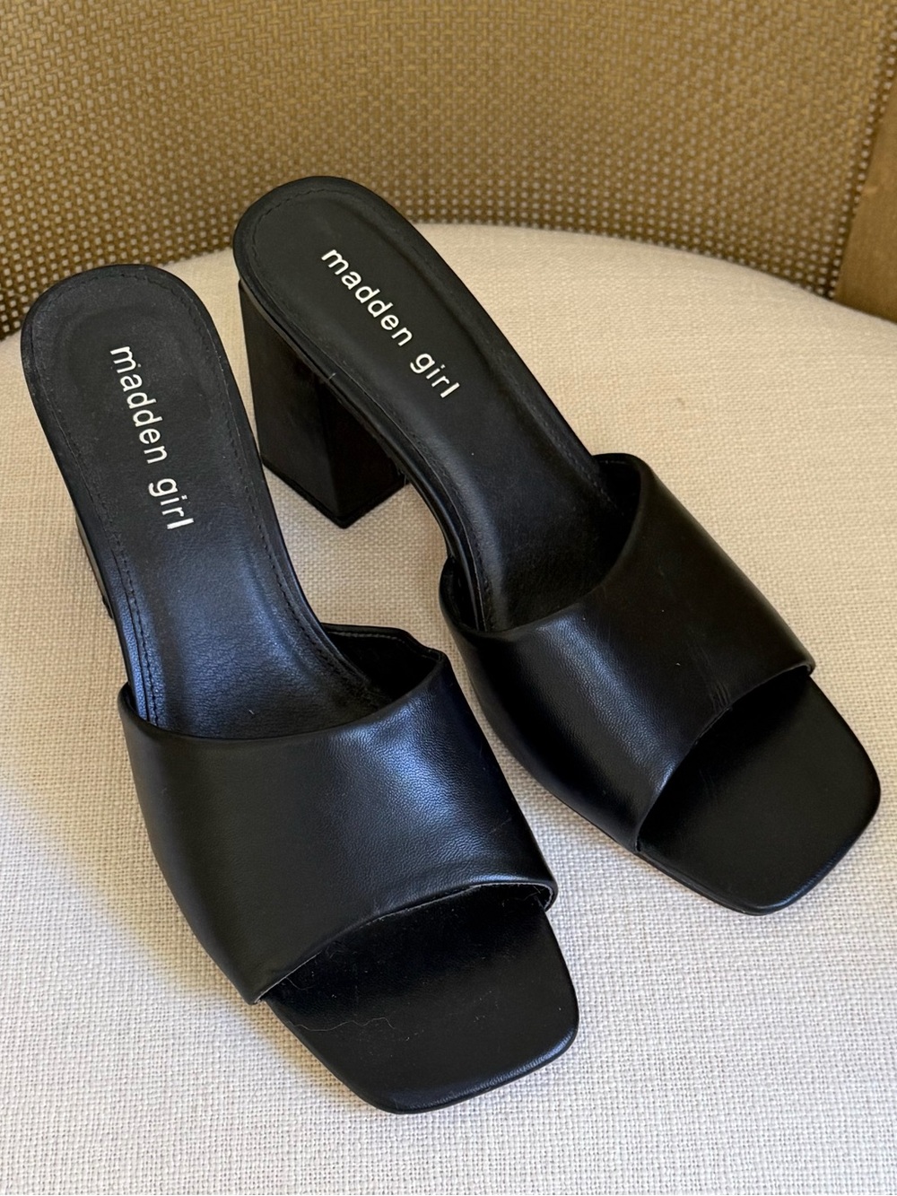Madden Girl Black Square-Toe Block Heel Mules